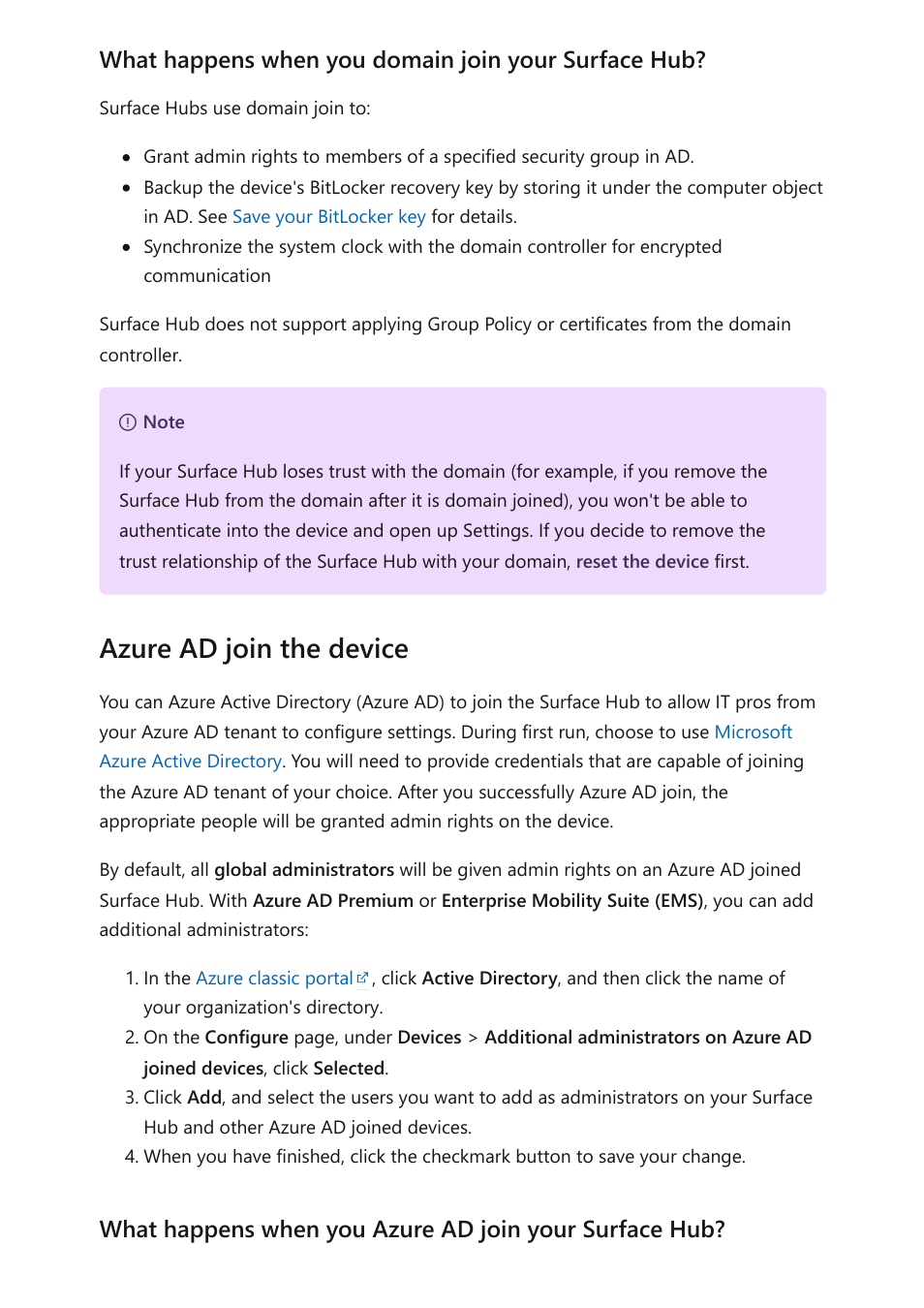 Azure ad join the device, What happens when you domain join your surface hub | Microsoft Surface Hub 2 SmCamera User Manual | Page 250 / 572