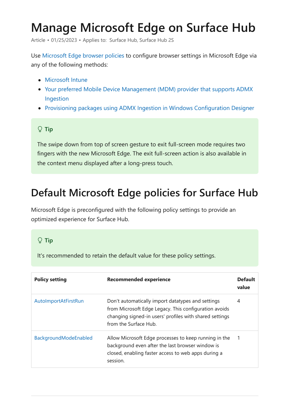 Manage microsoft edge on surface hub, Edge legacy is no longer available on, Default microsoft edge policies for surface hub | Microsoft Surface Hub 2 SmCamera User Manual | Page 253 / 572