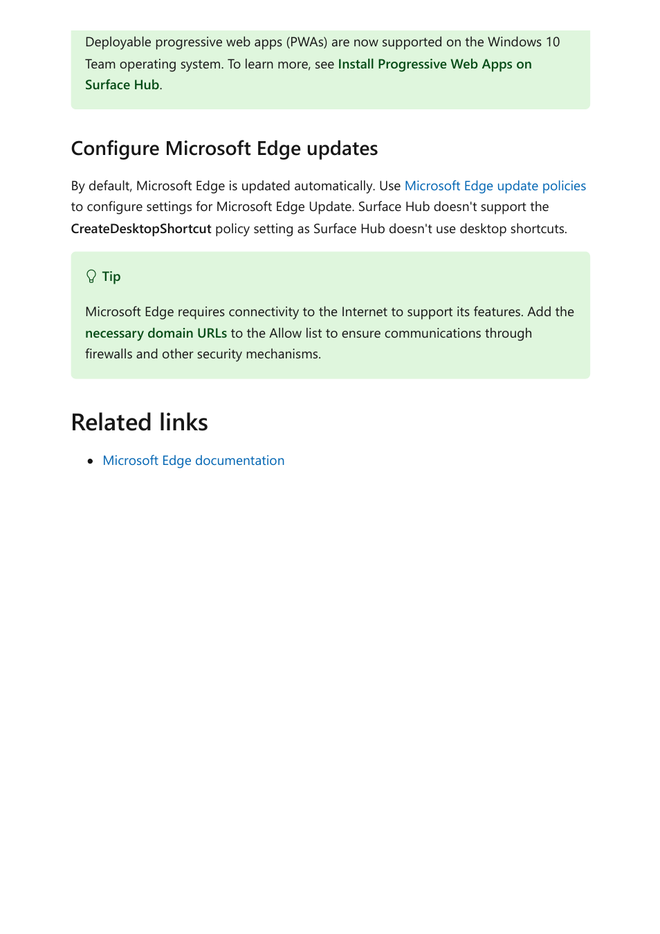 Related links, Configure microsoft edge updates | Microsoft Surface Hub 2 SmCamera User Manual | Page 255 / 572