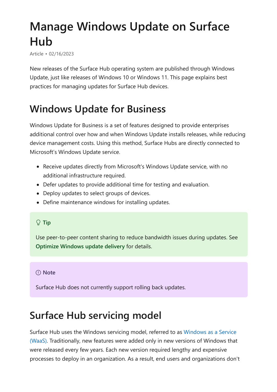 Manage windows update, Manage, Windows updates on surface hub | Manage windows update on surface hub, Windows update for business, Surface hub servicing model | Microsoft Surface Hub 2 SmCamera User Manual | Page 257 / 572