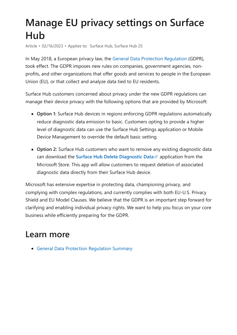 Manage eu privacy settings on surface hub, Learn more | Microsoft Surface Hub 2 SmCamera User Manual | Page 263 / 572