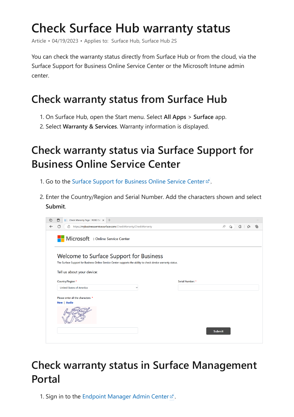 Check surface hub warranty, Check surface hub warranty status | Microsoft Surface Hub 2 SmCamera User Manual | Page 264 / 572