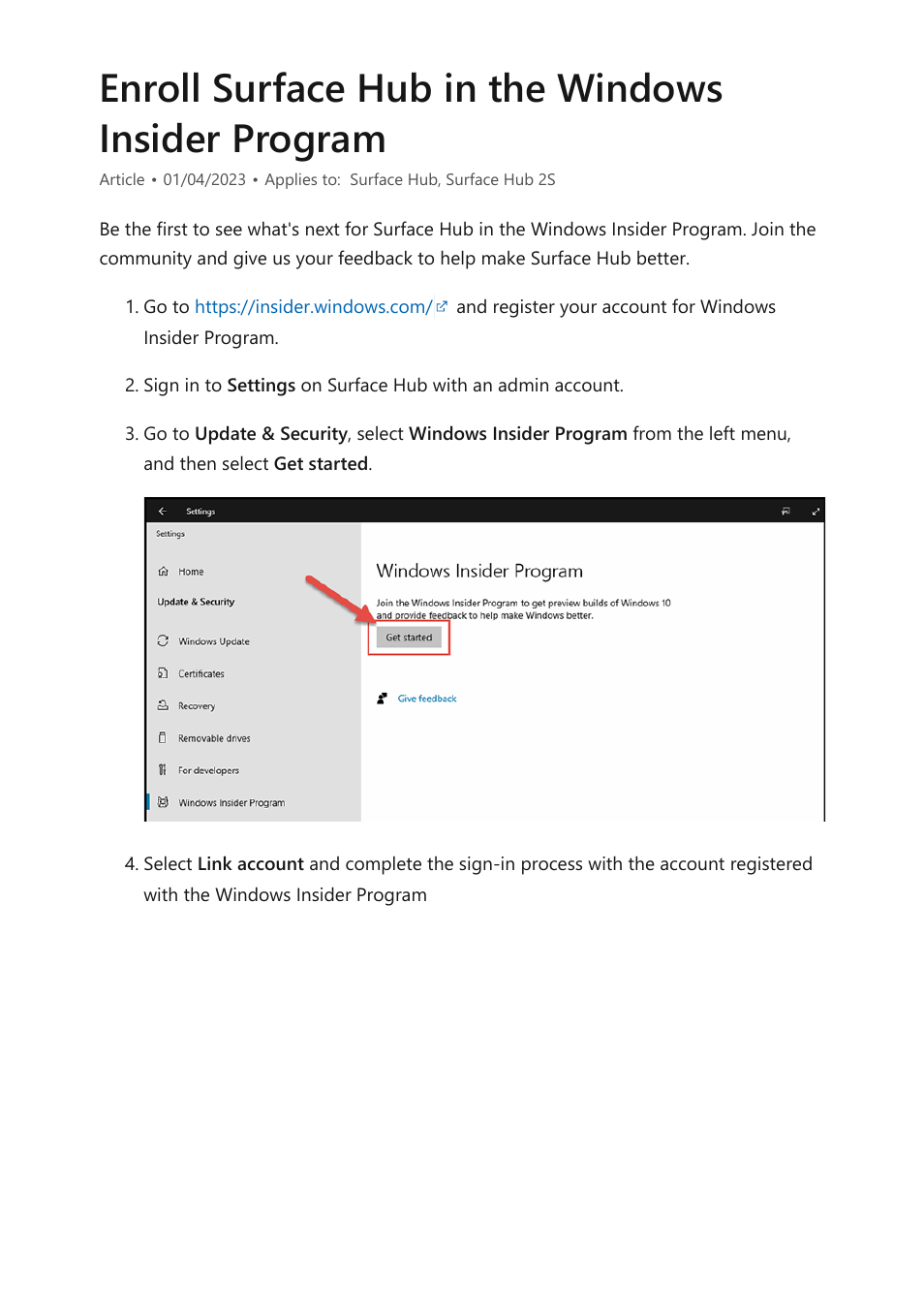 Enroll surface hub in windows insider program, Enroll surface hub in the windows insider program | Microsoft Surface Hub 2 SmCamera User Manual | Page 267 / 572