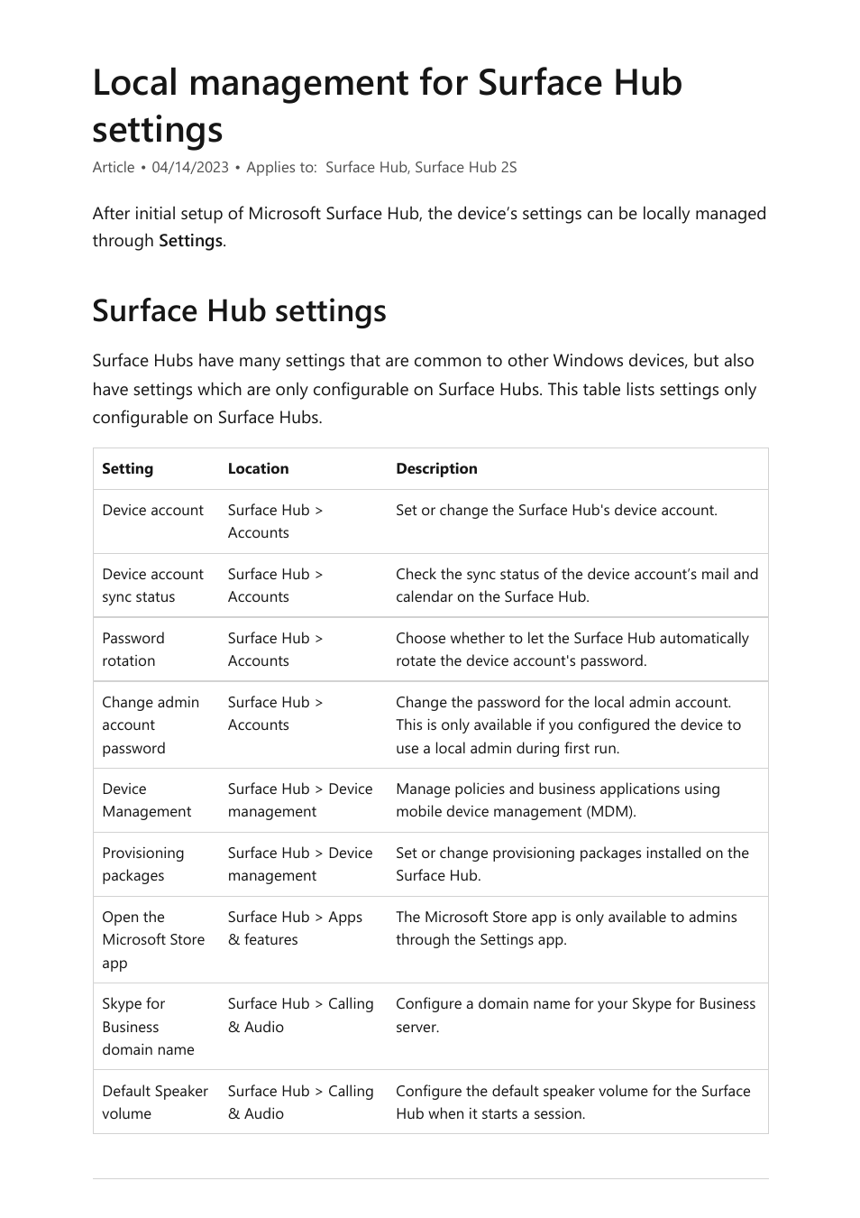 Local management for surface hub settings, Manage local settings, Local | Management for surface hub settings, Information, see, Surface hub settings | Microsoft Surface Hub 2 SmCamera User Manual | Page 279 / 572