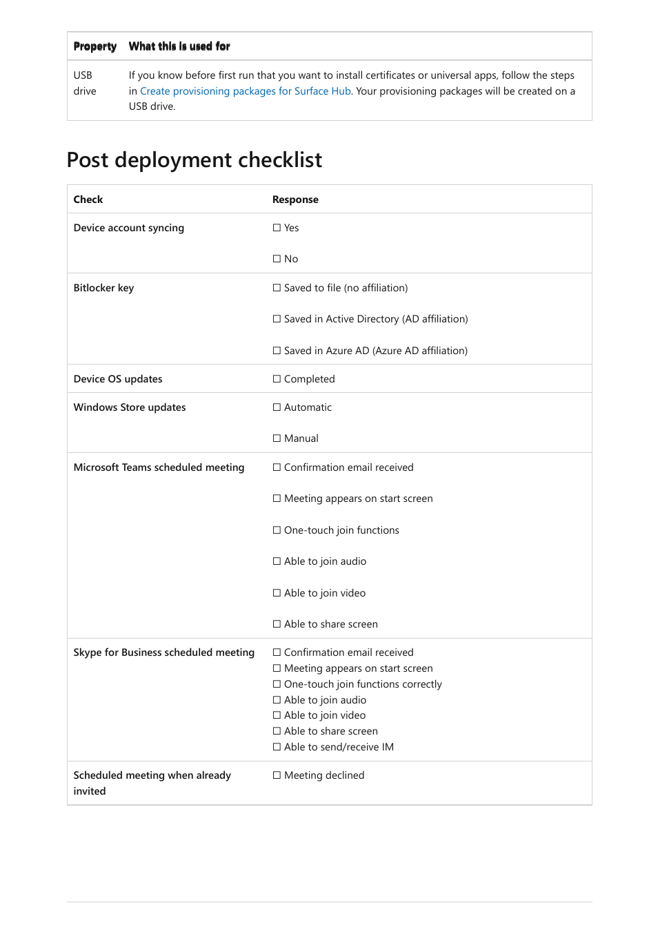 When finished, review, Post deployment checklist, Below | Microsoft Surface Hub 2 SmCamera User Manual | Page 28 / 572