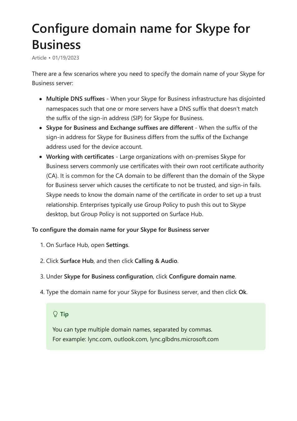 Configure domain name for skype for business, Use fully qualified domain name with surface hub | Microsoft Surface Hub 2 SmCamera User Manual | Page 282 / 572