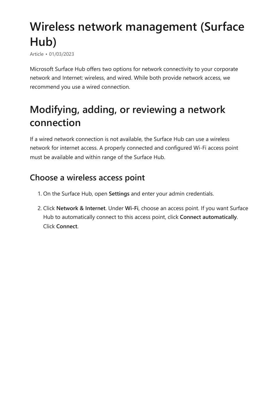 Wireless network management, Wireless network management (surface hub), Choose a wireless access point | Microsoft Surface Hub 2 SmCamera User Manual | Page 284 / 572