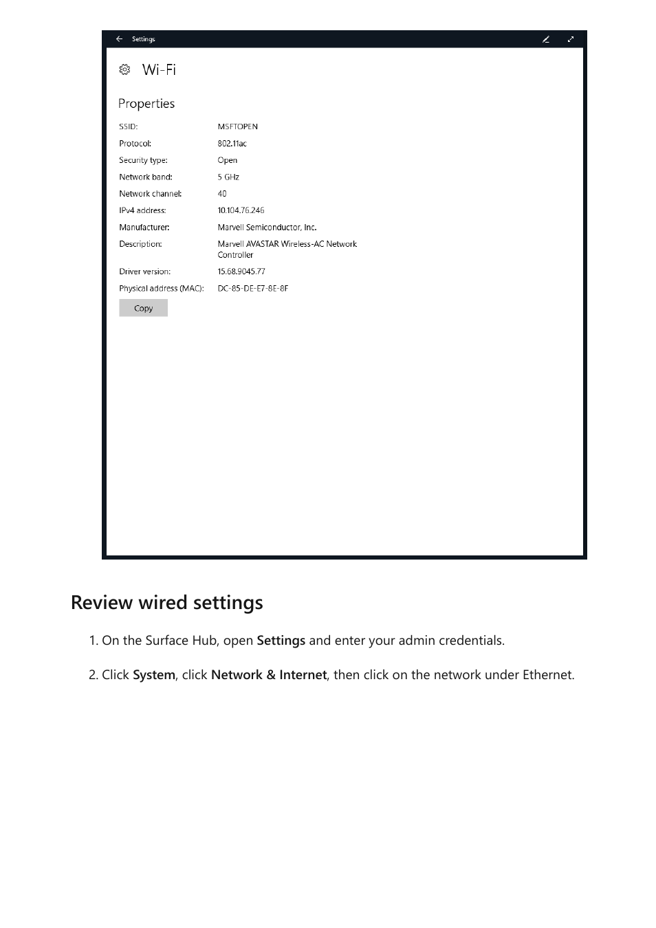Review wired settings | Microsoft Surface Hub 2 SmCamera User Manual | Page 287 / 572