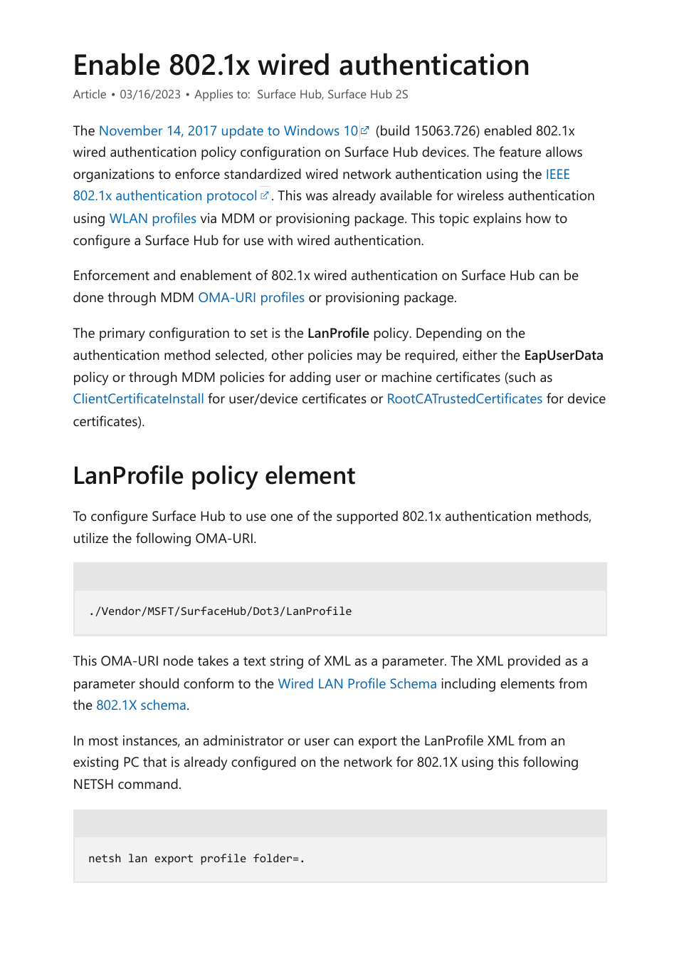 Enable 802.1x wired authentication, Lanprofile policy element | Microsoft Surface Hub 2 SmCamera User Manual | Page 290 / 572