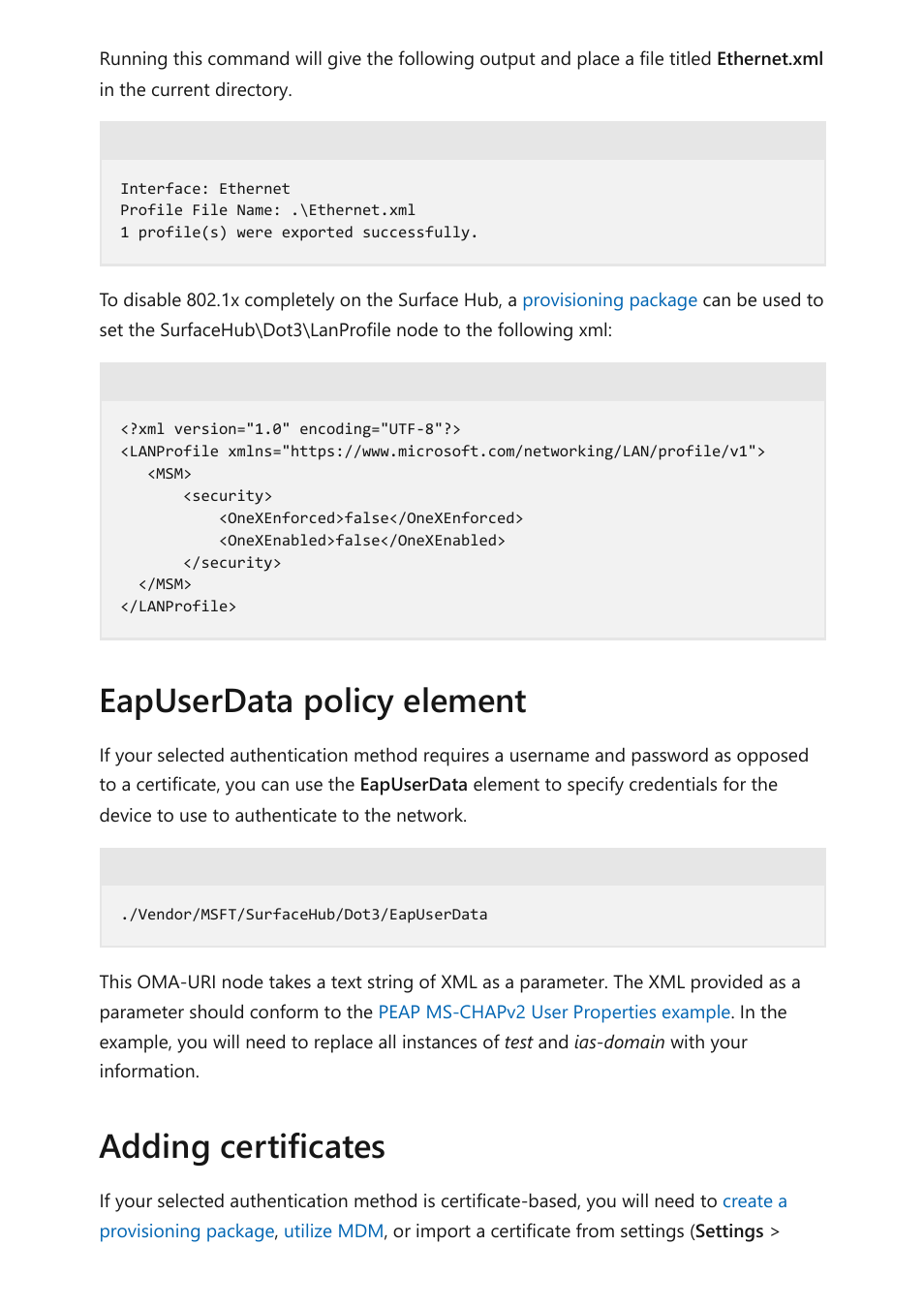 Eapuserdata policy element, Adding certificates | Microsoft Surface Hub 2 SmCamera User Manual | Page 291 / 572