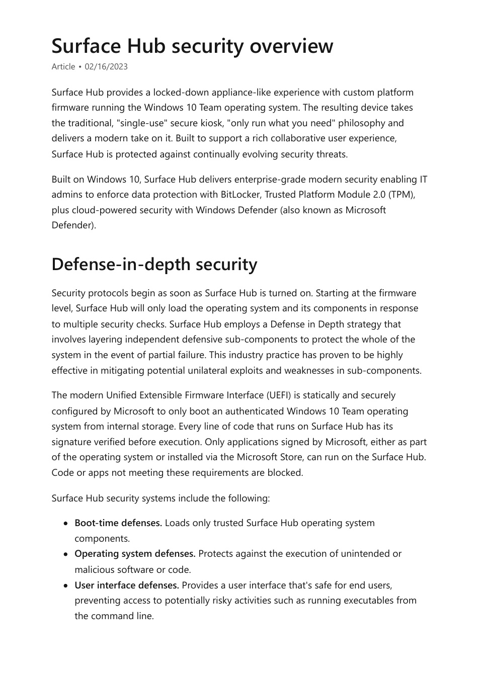Surface hub security overview, Defense-in-depth security | Microsoft Surface Hub 2 SmCamera User Manual | Page 293 / 572