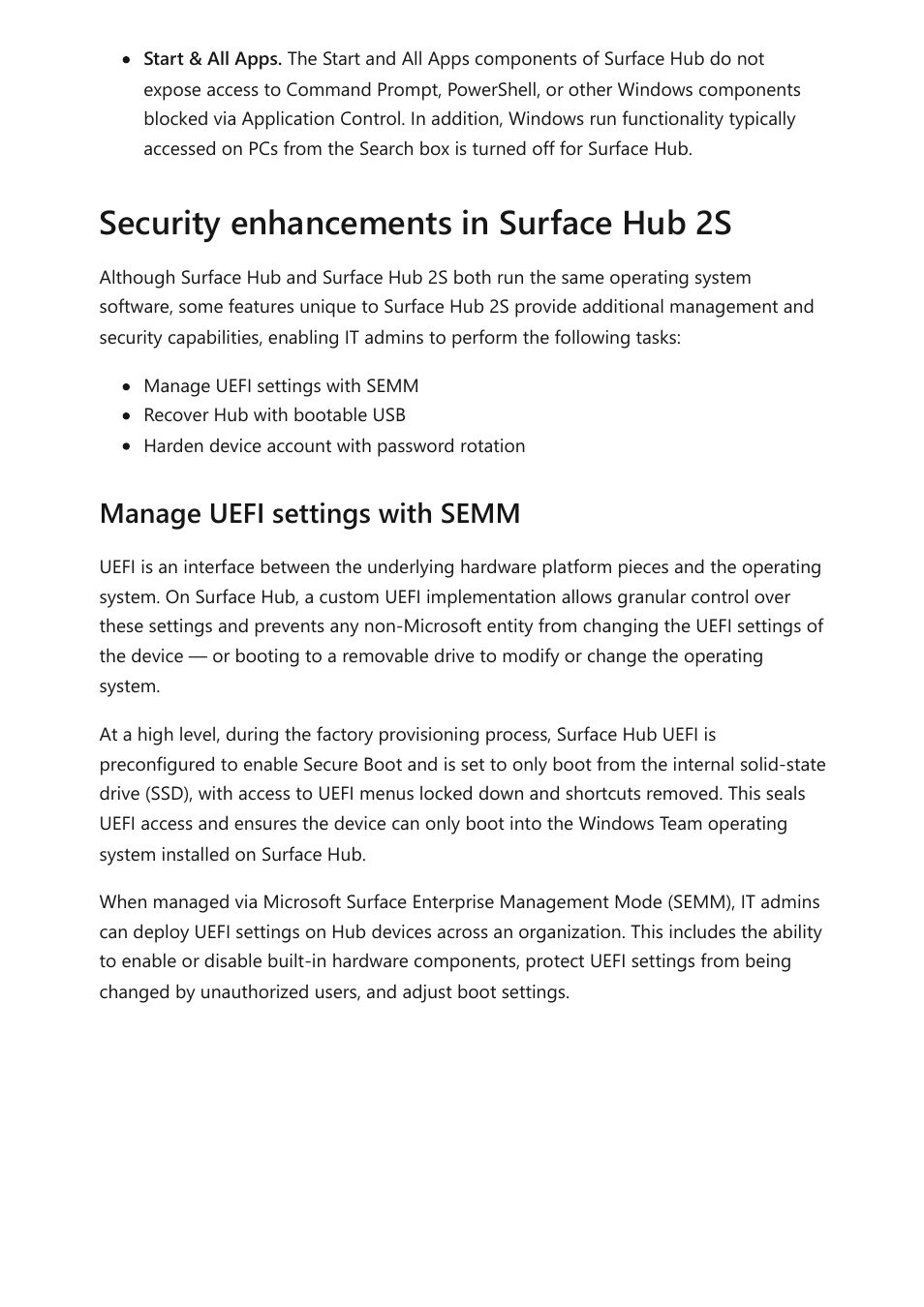 Security enhancements in surface hub 2s, Manage uefi settings with semm | Microsoft Surface Hub 2 SmCamera User Manual | Page 296 / 572