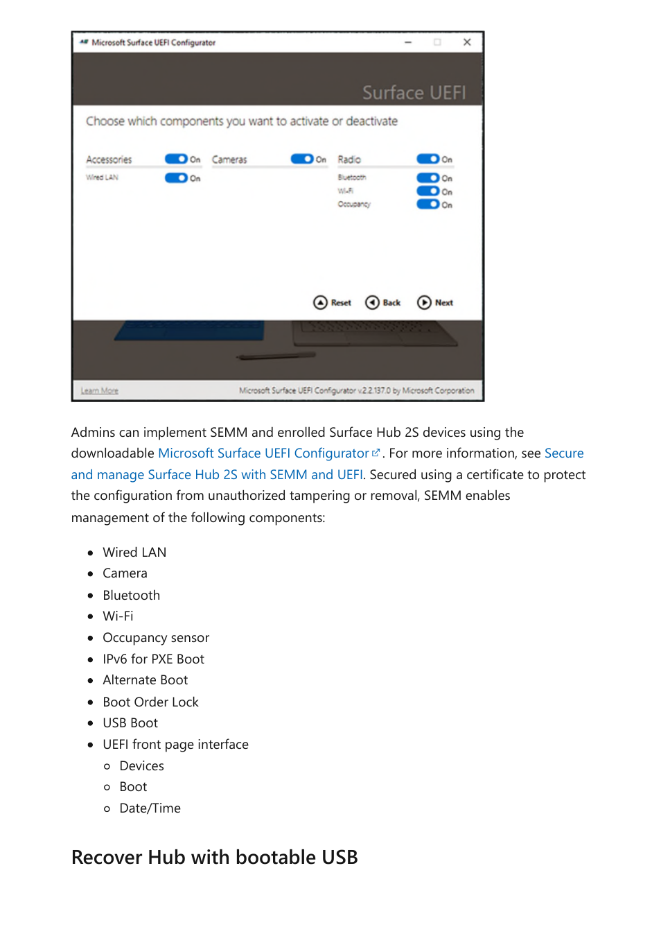 Recover hub with bootable usb | Microsoft Surface Hub 2 SmCamera User Manual | Page 297 / 572