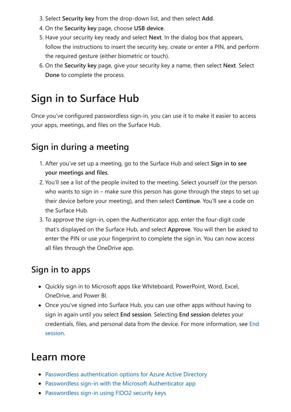 Sign in to surface hub, Learn more, Sign in during a meeting sign in to apps | Microsoft Surface Hub 2 SmCamera User Manual | Page 309 / 572