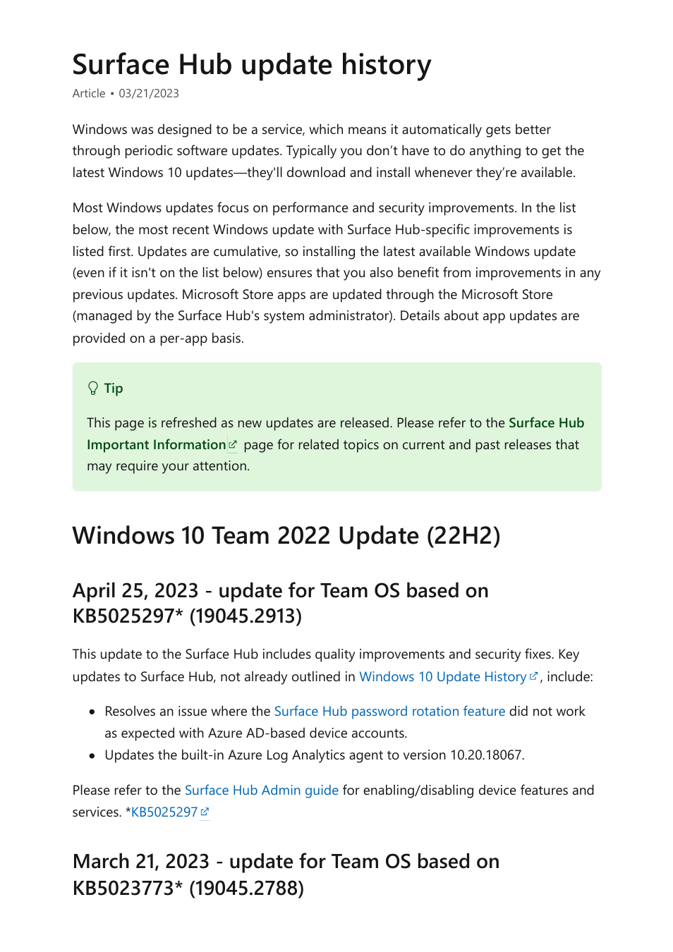 Surface hub update history, Eam updates, refer to, Kb5011543 | Or a newer windows, Surface hub update, History | Microsoft Surface Hub 2 SmCamera User Manual | Page 319 / 572