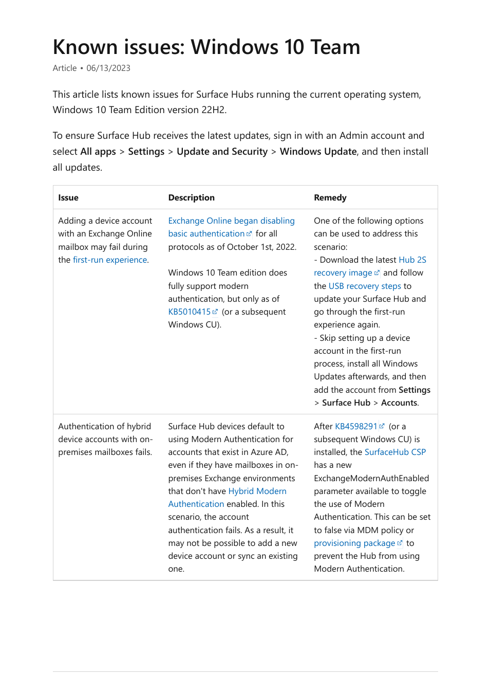Known issues - 22h2, Known issues: windows 10 team | Microsoft Surface Hub 2 SmCamera User Manual | Page 344 / 572