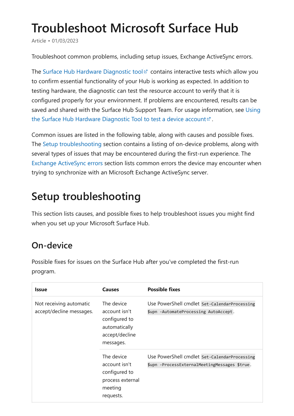 Troubleshoot surface hub, Troubleshoot microsoft surface hub, Setup troubleshooting | On-device | Microsoft Surface Hub 2 SmCamera User Manual | Page 347 / 572