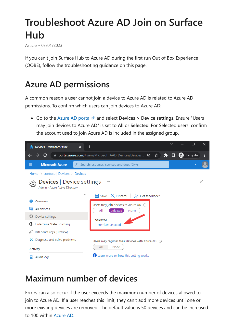 Troubleshoot azure ad join, Troubleshoot azure ad join on surface hub, Azure ad permissions maximum number of devices | Microsoft Surface Hub 2 SmCamera User Manual | Page 358 / 572