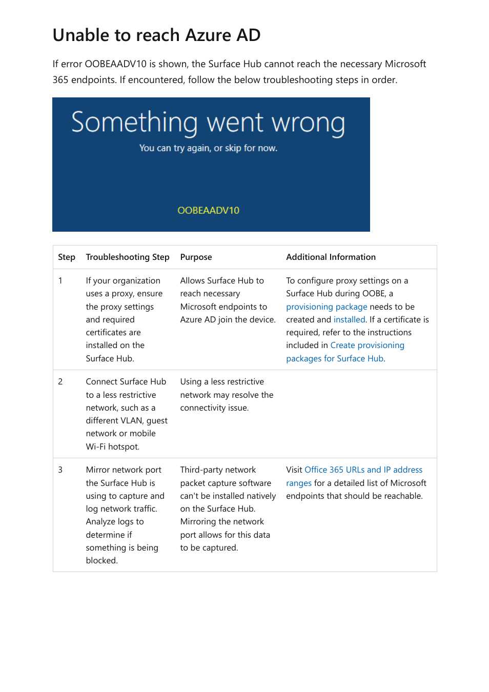 Unable to reach azure ad | Microsoft Surface Hub 2 SmCamera User Manual | Page 359 / 572