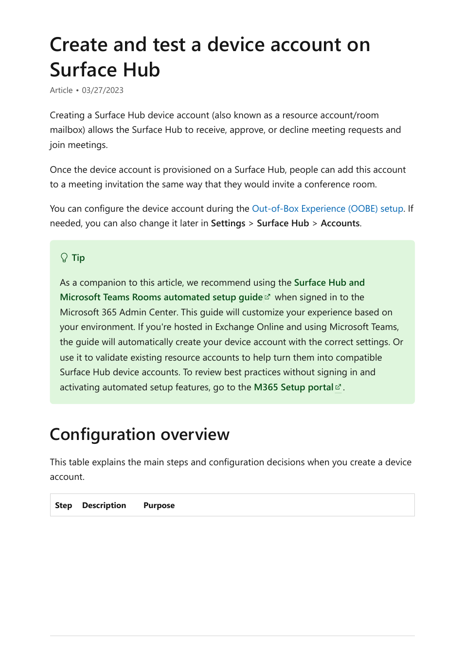 Create & test device account, Create & test a device account, Create and test a device account | Create and test a device account on surface hub, Configuration overview | Microsoft Surface Hub 2 SmCamera User Manual | Page 36 / 572