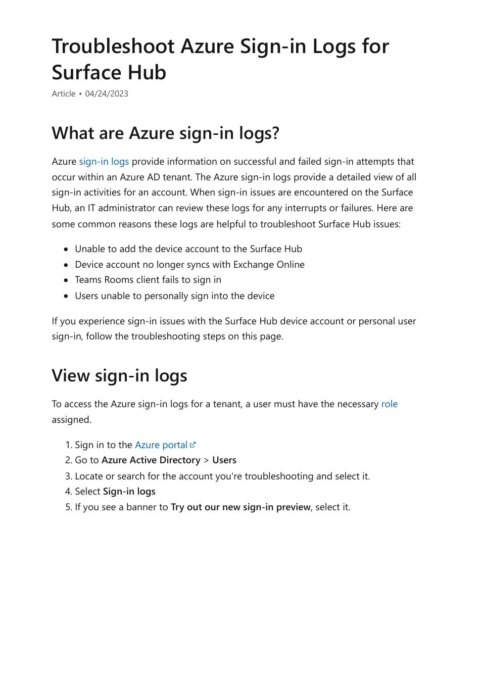 Troubleshoot azure sign-in logs, Troubleshoot azure sign-in logs for surface hub, What are azure sign-in logs? view sign-in logs | Microsoft Surface Hub 2 SmCamera User Manual | Page 360 / 572