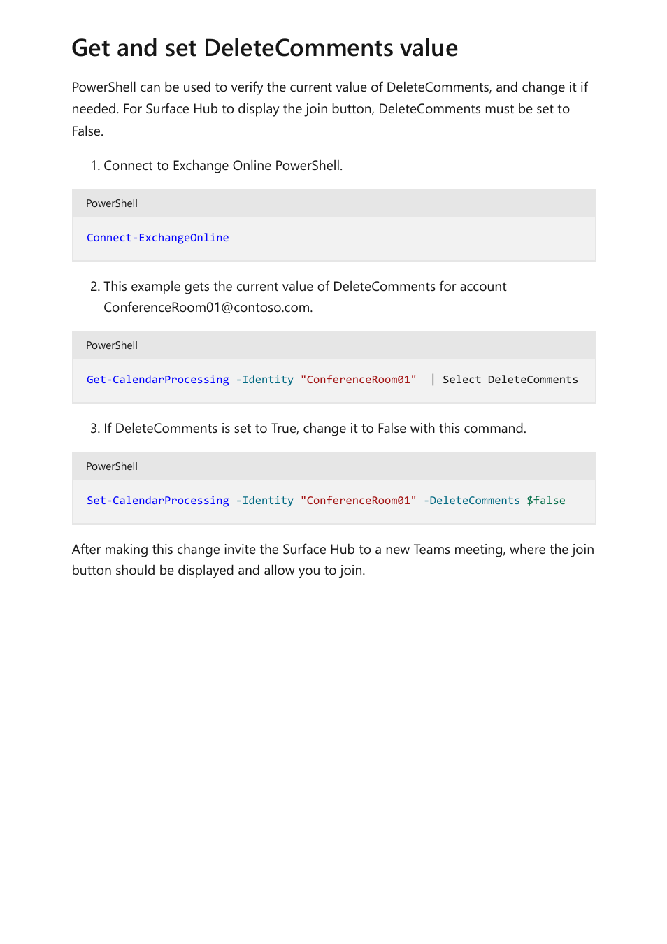 Get and set deletecomments value | Microsoft Surface Hub 2 SmCamera User Manual | Page 374 / 572