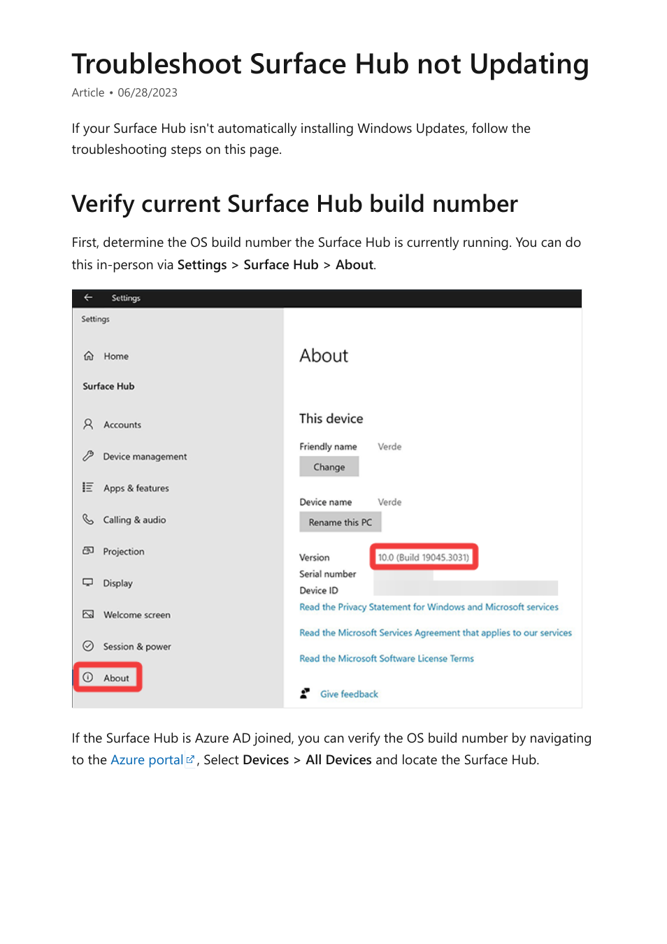 Troubleshoot surface hub not updating, Verify current surface hub build number | Microsoft Surface Hub 2 SmCamera User Manual | Page 379 / 572