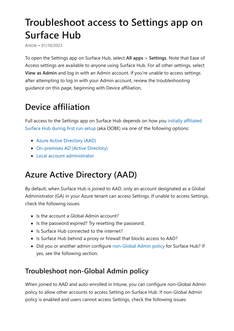 Troubleshoot access to settings app, Troubleshoot access to settings app on surface hub, Device affiliation azure active directory (aad) | Troubleshoot non-global admin policy | Microsoft Surface Hub 2 SmCamera User Manual | Page 389 / 572