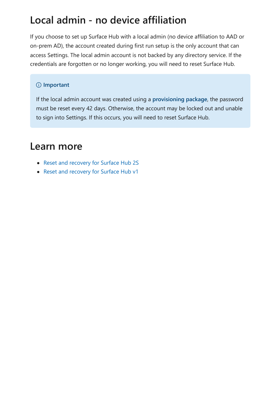 Local account administrator, Local admin - no device affiliation, Learn more | Microsoft Surface Hub 2 SmCamera User Manual | Page 391 / 572