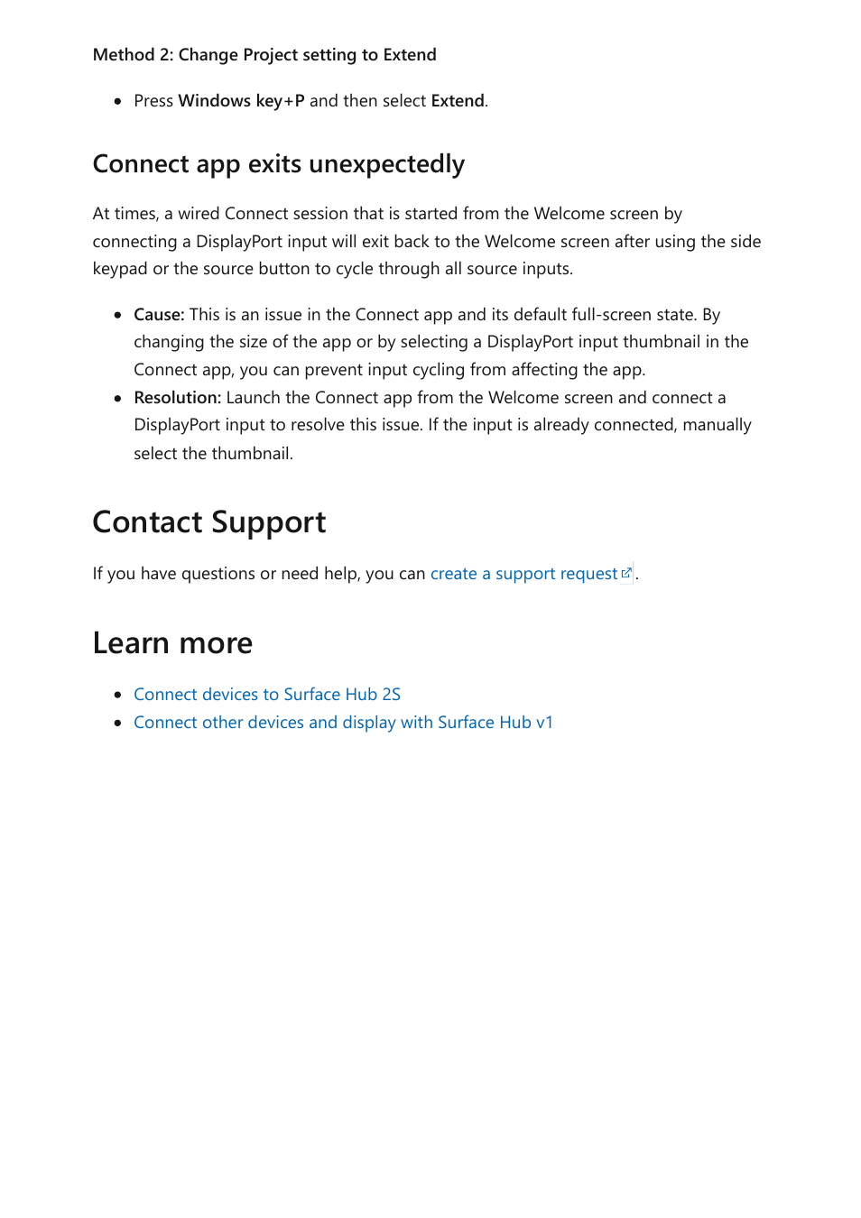 Contact support learn more, Connect app exits unexpectedly | Microsoft Surface Hub 2 SmCamera User Manual | Page 397 / 572