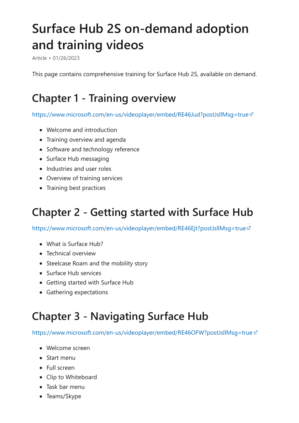 Surface hub 2s adoption videos, Chapter 1 - training overview, Chapter 2 - getting started with surface hub | Chapter 3 - navigating surface hub | Microsoft Surface Hub 2 SmCamera User Manual | Page 405 / 572