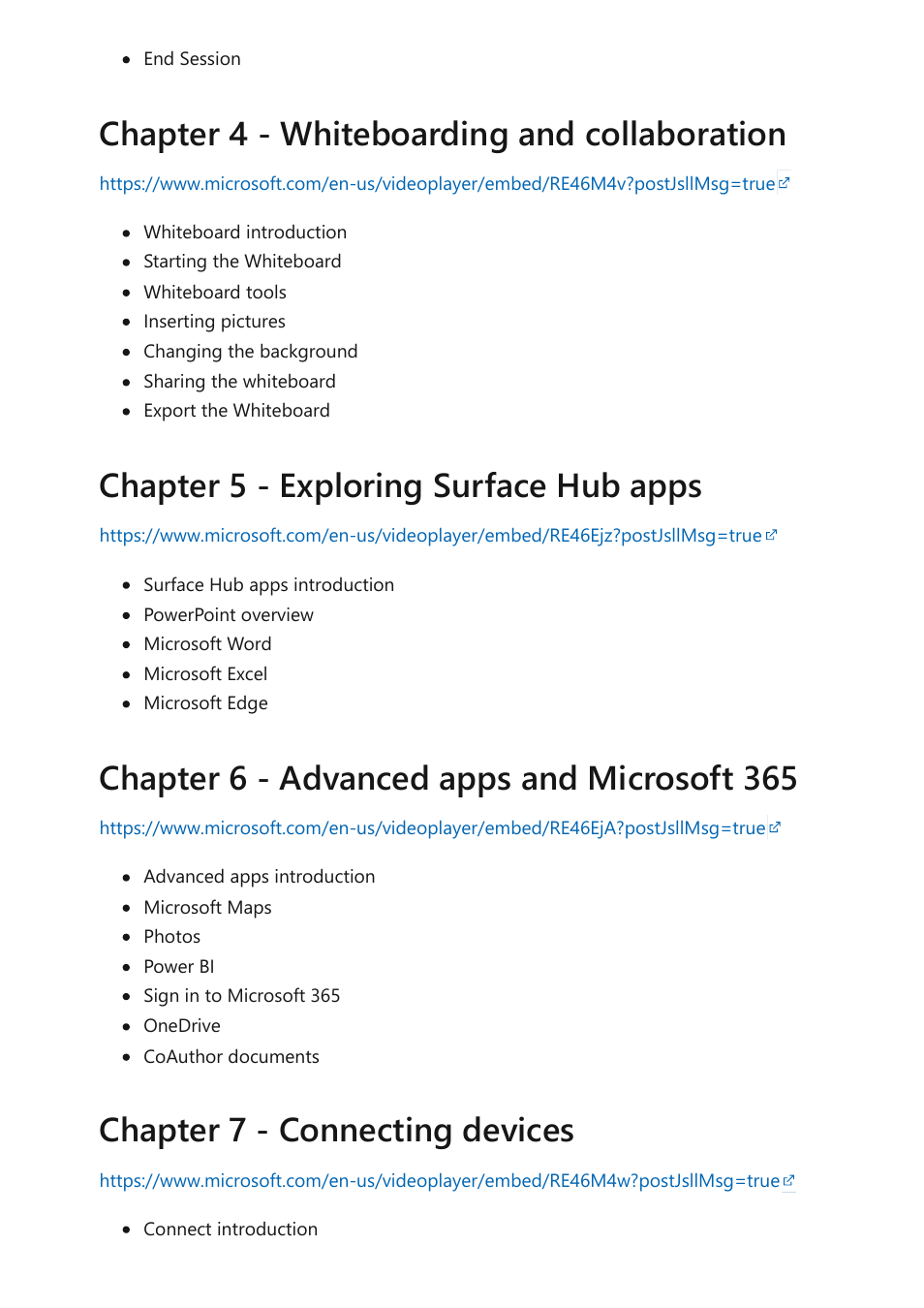 Chapter 4 - whiteboarding and collaboration, Chapter 5 - exploring surface hub apps, Chapter 6 - advanced apps and microsoft 365 | Chapter 7 - connecting devices | Microsoft Surface Hub 2 SmCamera User Manual | Page 406 / 572