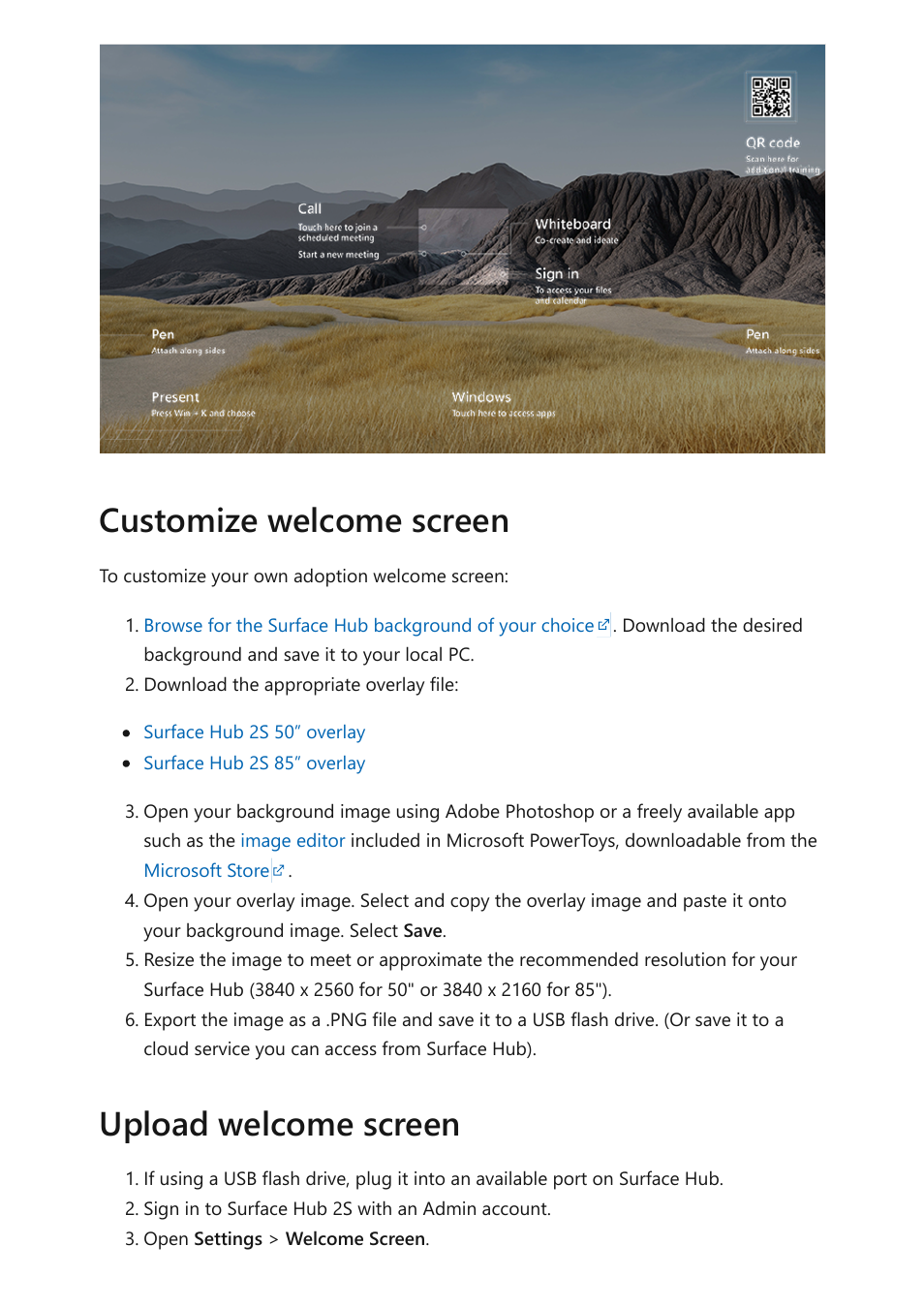 Upload the, Welcome screen, To surface hub | Customize your own welcome screen, Customize welcome screen upload welcome screen | Microsoft Surface Hub 2 SmCamera User Manual | Page 410 / 572