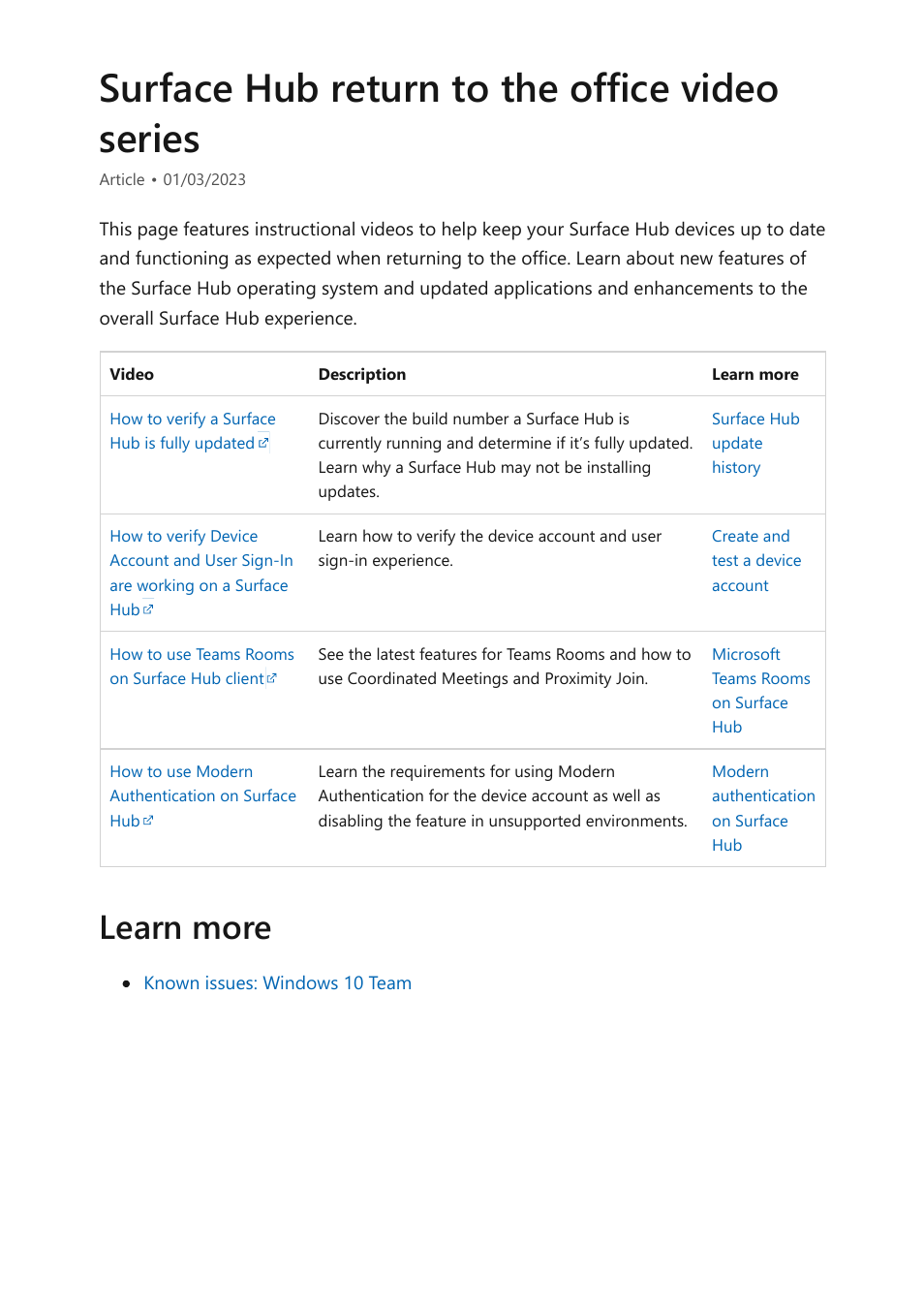Surface hub return to the office video series, Learn more | Microsoft Surface Hub 2 SmCamera User Manual | Page 412 / 572