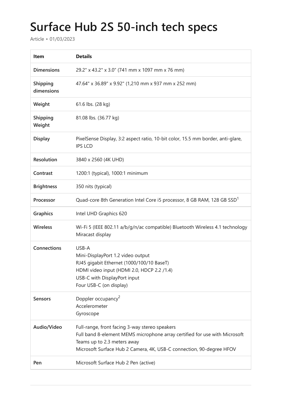 Surface hub 2s 50" tech specs, Surface hub 2s 50-inch tech specs | Microsoft Surface Hub 2 SmCamera User Manual | Page 413 / 572