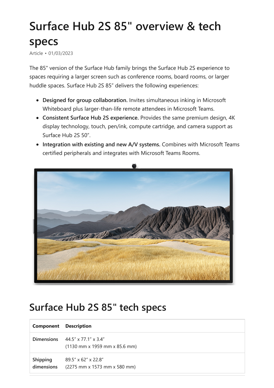 Surface hub 2s 85" tech specs, Surface hub 2s 85" overview & tech specs | Microsoft Surface Hub 2 SmCamera User Manual | Page 416 / 572