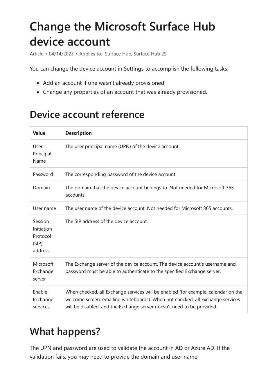 Change device account, Change the microsoft surface hub device account, Device account reference what happens | Microsoft Surface Hub 2 SmCamera User Manual | Page 42 / 572