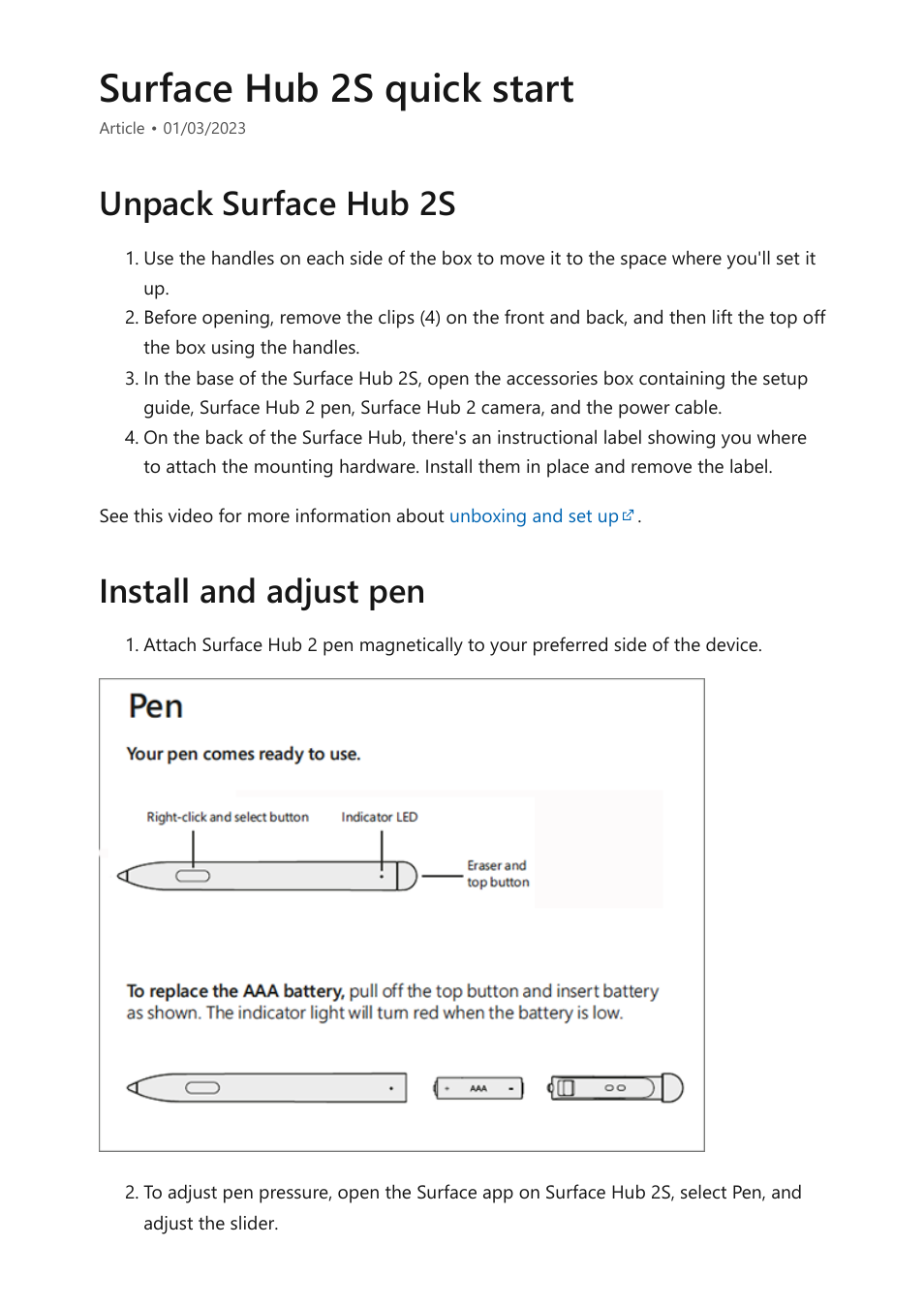 Surface hub 2s quick start, Unpack surface hub 2s install and adjust pen | Microsoft Surface Hub 2 SmCamera User Manual | Page 423 / 572