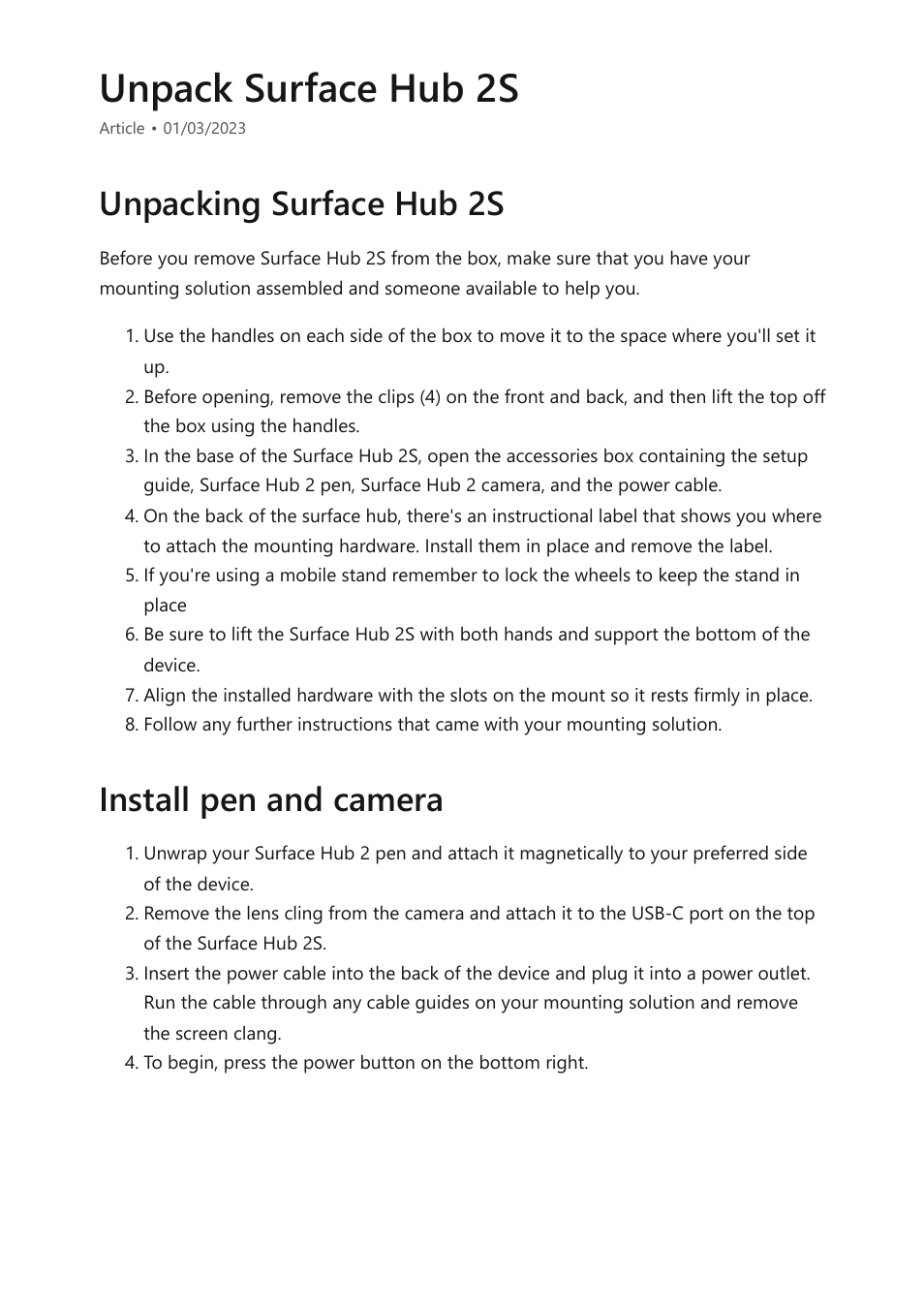 Unpack surface hub 2s, Unpacking surface hub 2s install pen and camera | Microsoft Surface Hub 2 SmCamera User Manual | Page 425 / 572