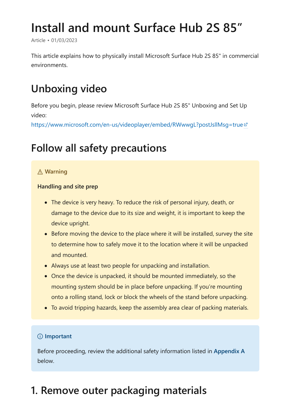 Install & mount surface hub 2s 85, Install and mount surface hub 2s 85, Unboxing video | Follow all safety precautions, Remove outer packaging materials | Microsoft Surface Hub 2 SmCamera User Manual | Page 428 / 572