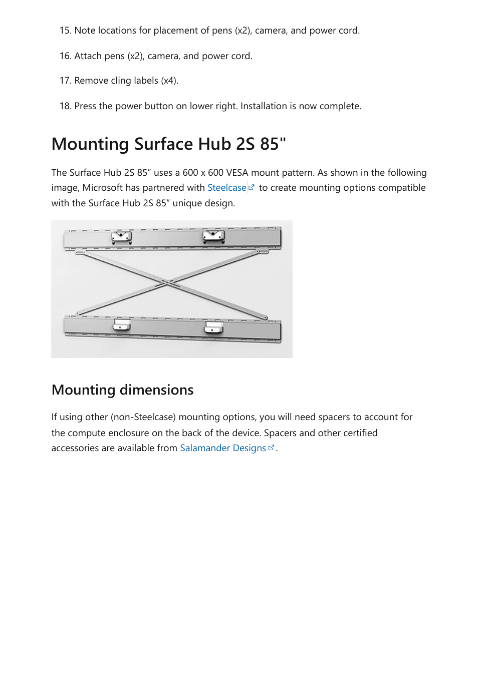 Mounting surface hub 2s 85, Mounting dimensions | Microsoft Surface Hub 2 SmCamera User Manual | Page 434 / 572