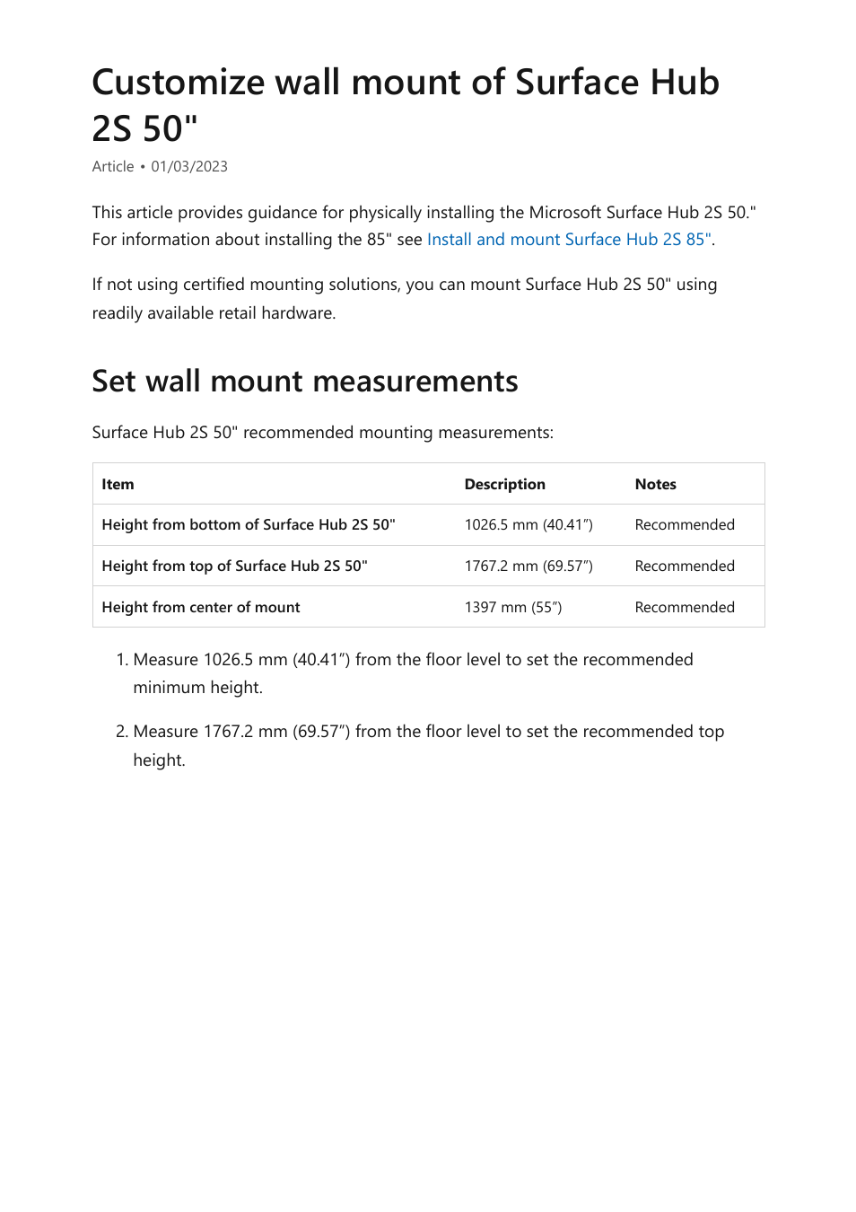 Customize wall mount of surface hub 2s 50, Customizing installation of surface hub 2s, If you’re not using licensed accessories, see | Customize wall mount of surface hub 2s, Set wall mount measurements | Microsoft Surface Hub 2 SmCamera User Manual | Page 439 / 572