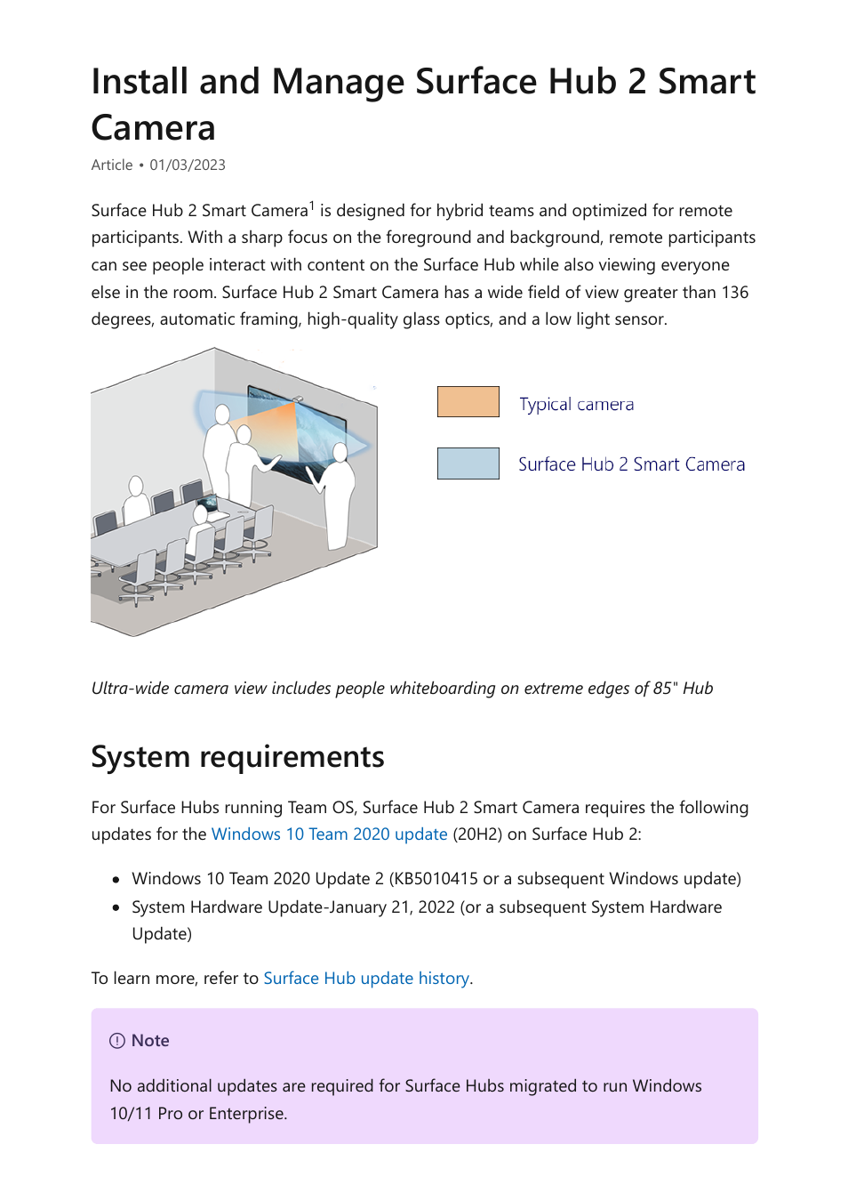 Install & manage surface hub 2 smart camera, Install and manage surface hub 2, Smart camera | Install and manage surface hub 2 smart camera, System requirements | Microsoft Surface Hub 2 SmCamera User Manual | Page 454 / 572