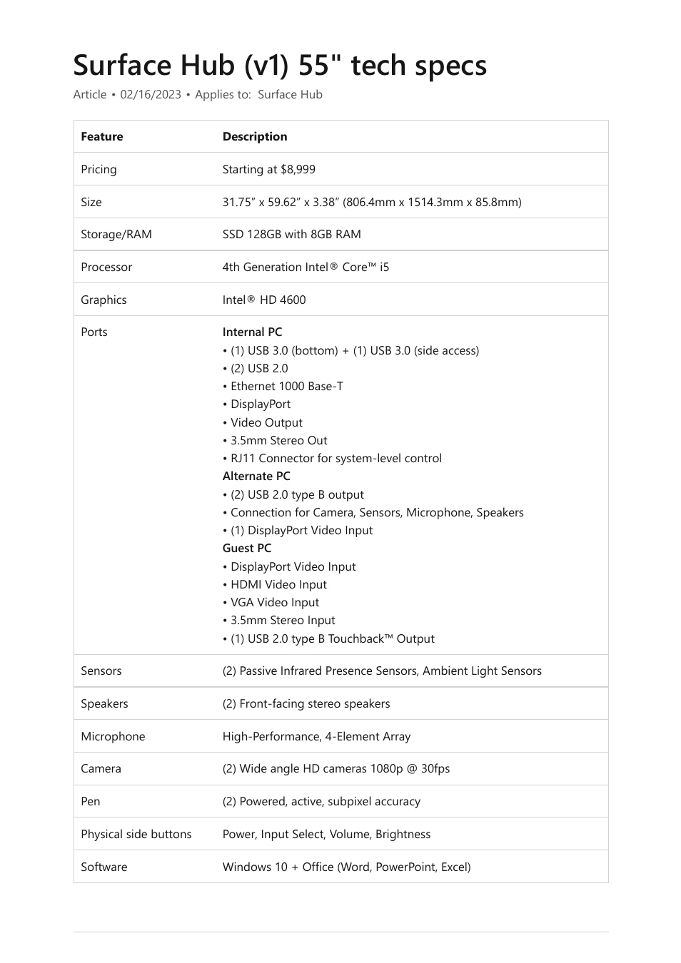 Surface hub v1 55" tech specs, Surface hub (v1) 55" tech specs | Microsoft Surface Hub 2 SmCamera User Manual | Page 488 / 572