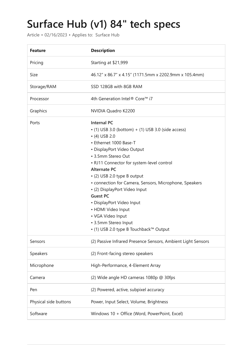Surface hub v1 84" tech specs, Surface hub (v1) 84" tech specs | Microsoft Surface Hub 2 SmCamera User Manual | Page 497 / 572