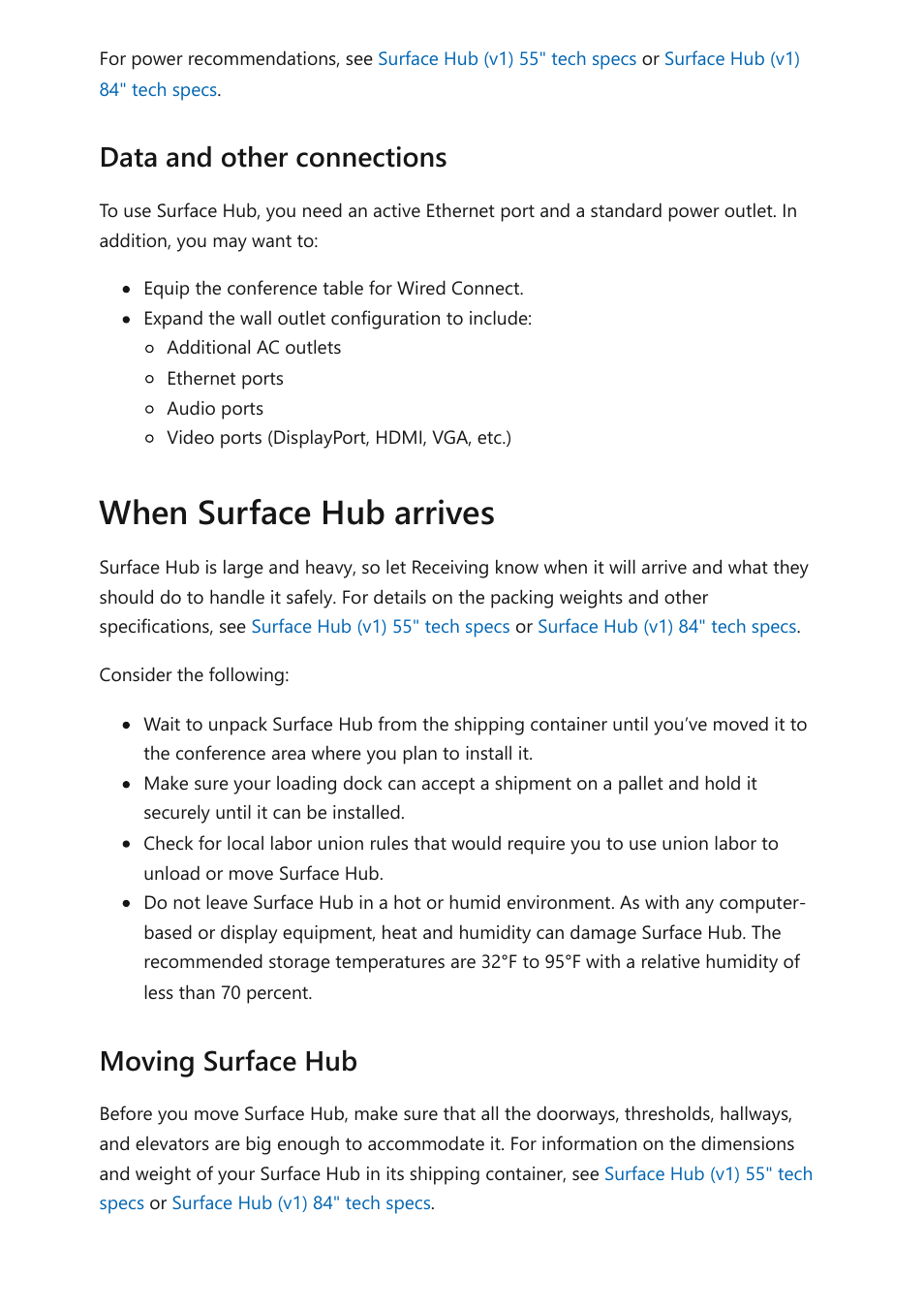 When surface hub arrives, Data and other connections, Moving surface hub | Microsoft Surface Hub 2 SmCamera User Manual | Page 507 / 572