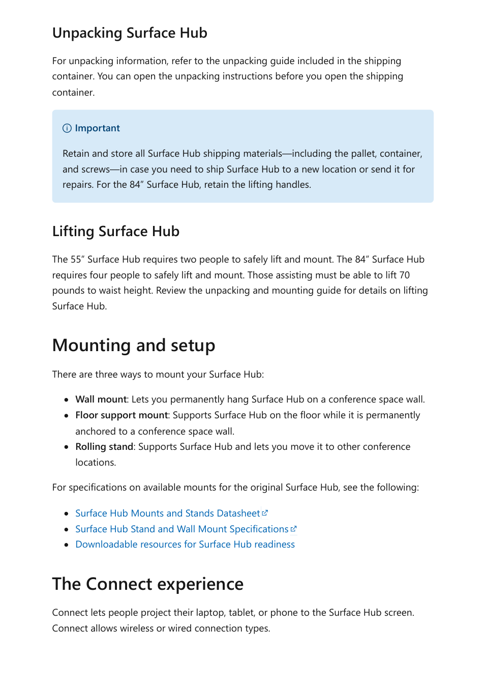 Mounting and setup the connect experience, Unpacking surface hub, Lifting surface hub | Microsoft Surface Hub 2 SmCamera User Manual | Page 508 / 572