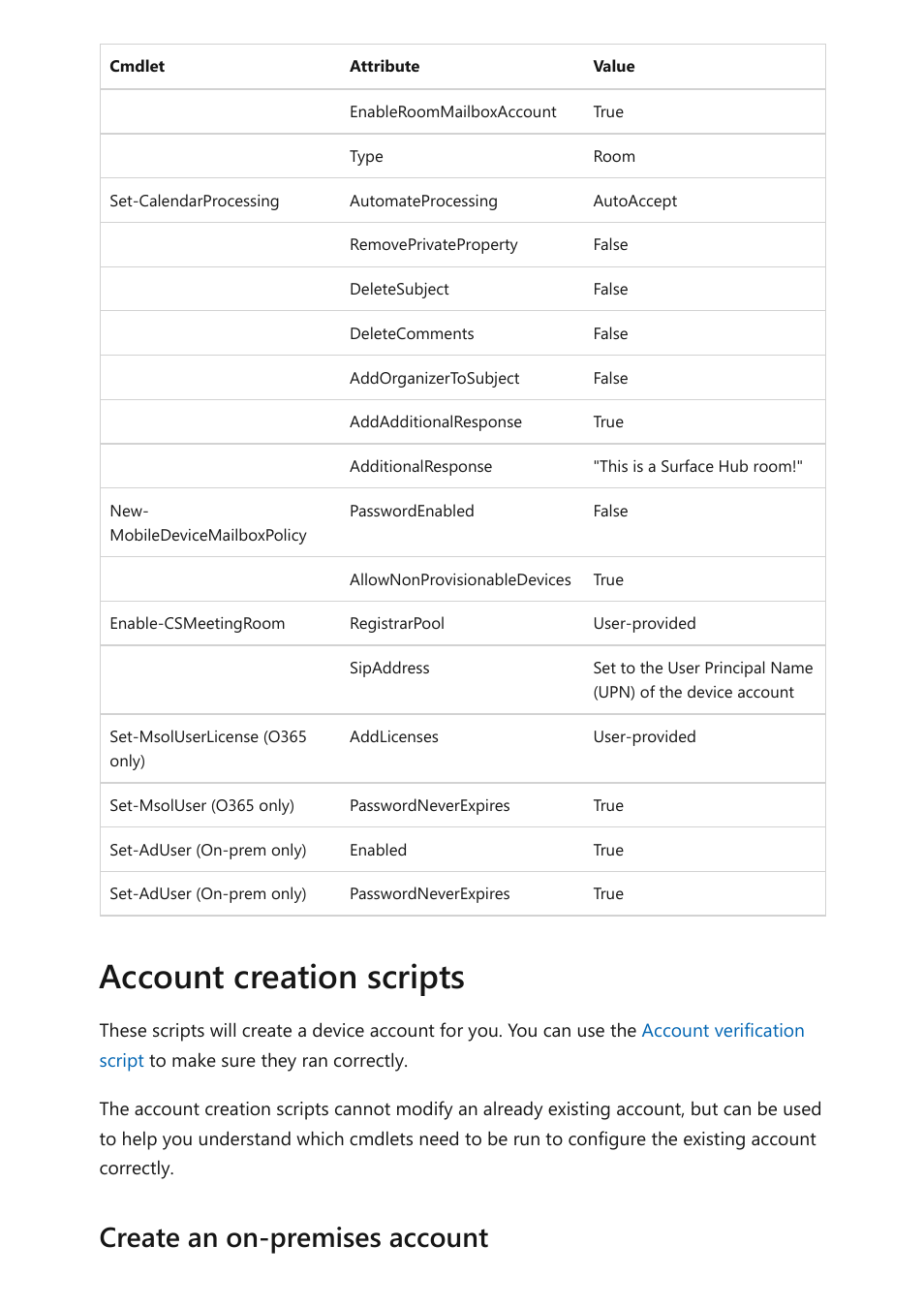 Create an on-premises account, Account creation scripts | Microsoft Surface Hub 2 SmCamera User Manual | Page 513 / 572