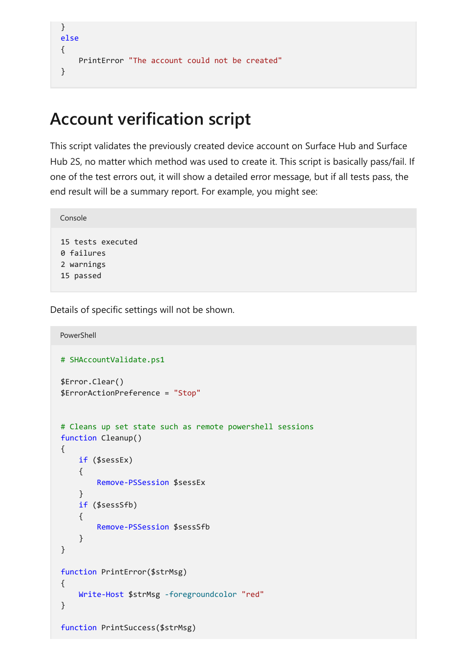 Account verification script, Account verification, Script | To make sure they ran correctly | Microsoft Surface Hub 2 SmCamera User Manual | Page 531 / 572