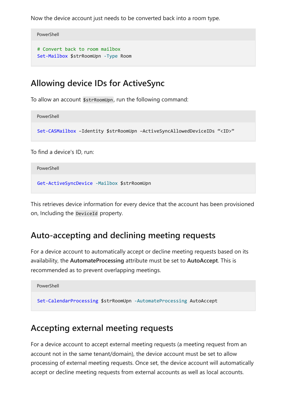 Allowing device ids for, Activesync, Allowing device ids for activesync | Auto-accepting and declining meeting requests, Accepting external meeting requests | Microsoft Surface Hub 2 SmCamera User Manual | Page 546 / 572